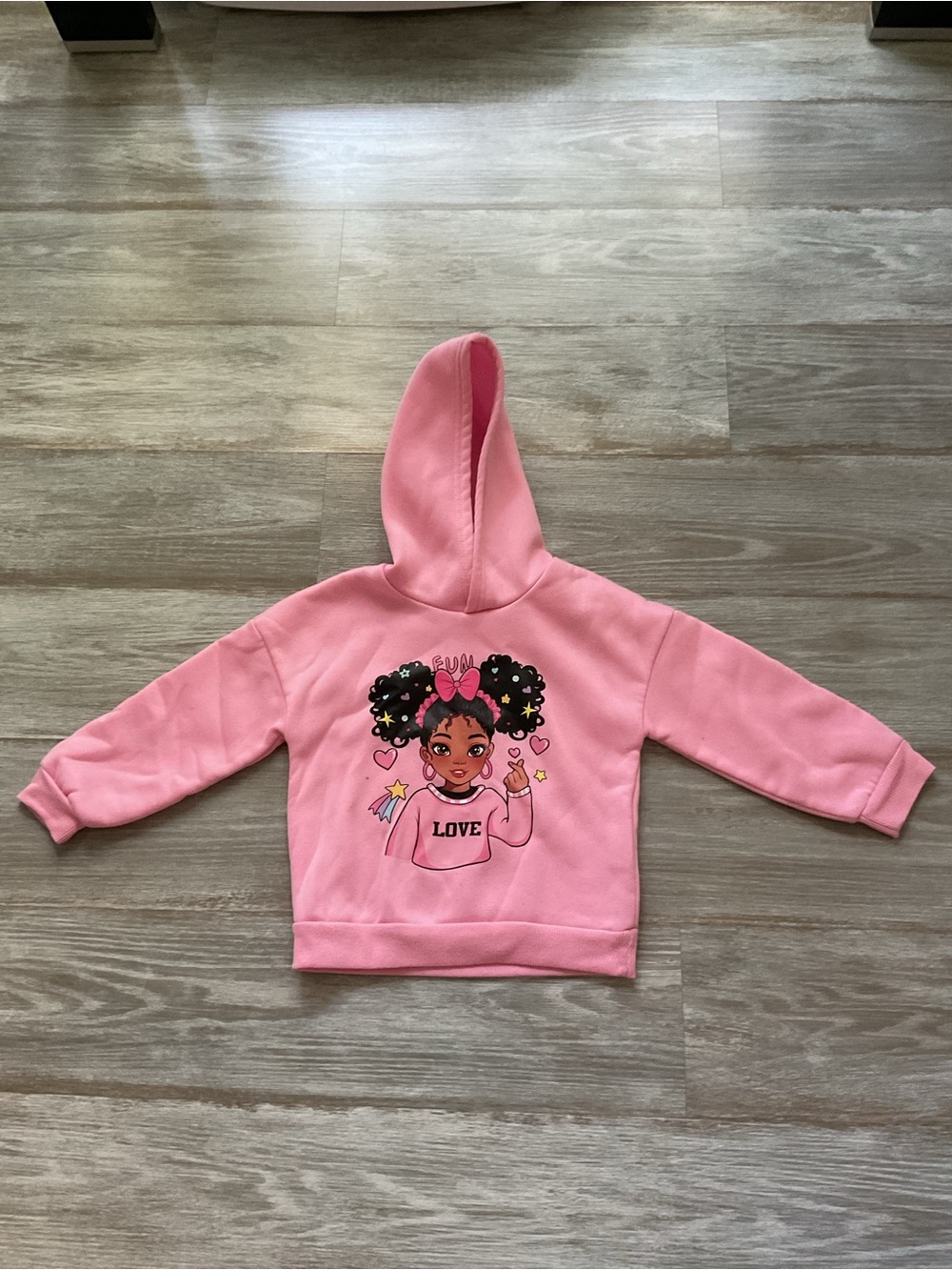 SHEIN Pink Hooded Sweatshirt with Girl 'Love' Graphic